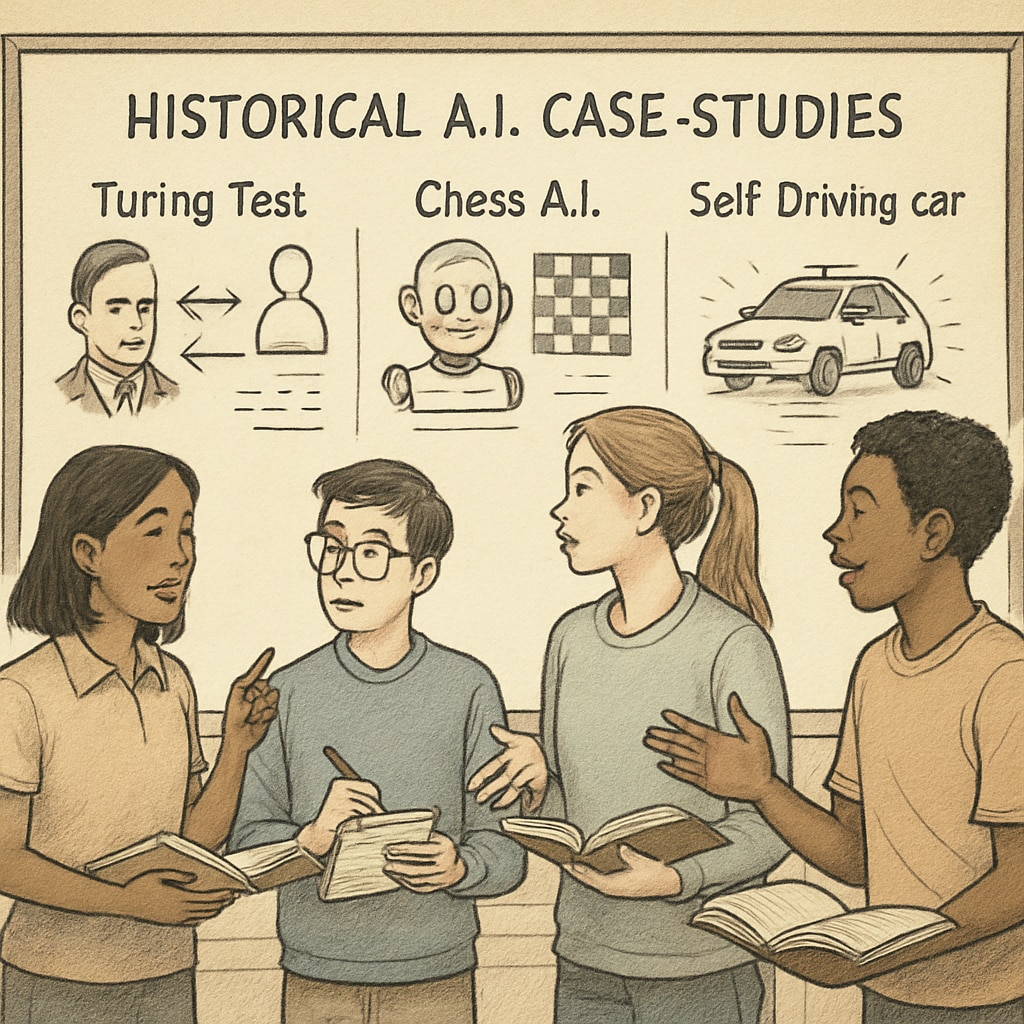 Students analyzing historical AI case studies on a whiteboard in a classroom setting. Undergraduate students studying historical AI experiments to understand foundational concepts.