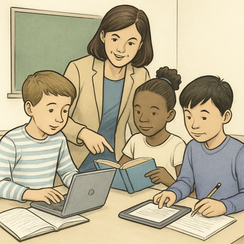 A teacher assisting students during an educational activity in a classroom setting, symbolizing collaborative learning and research participation. Teacher helping students during an activity, representing K12 education research participation.