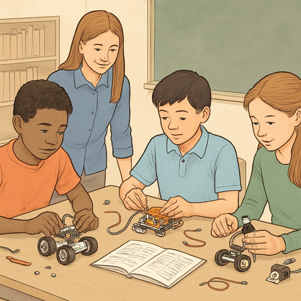 K12 students assembling beginner robotics kits as part of a project-based learning course.