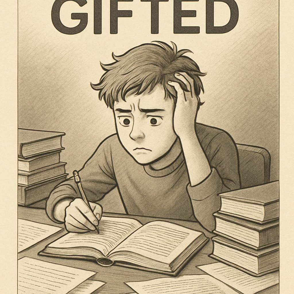 A young student looking stressed while studying, symbolizing the pressure of being labeled as gifted. Stressed student studying, representing the burden of gifted labels.
