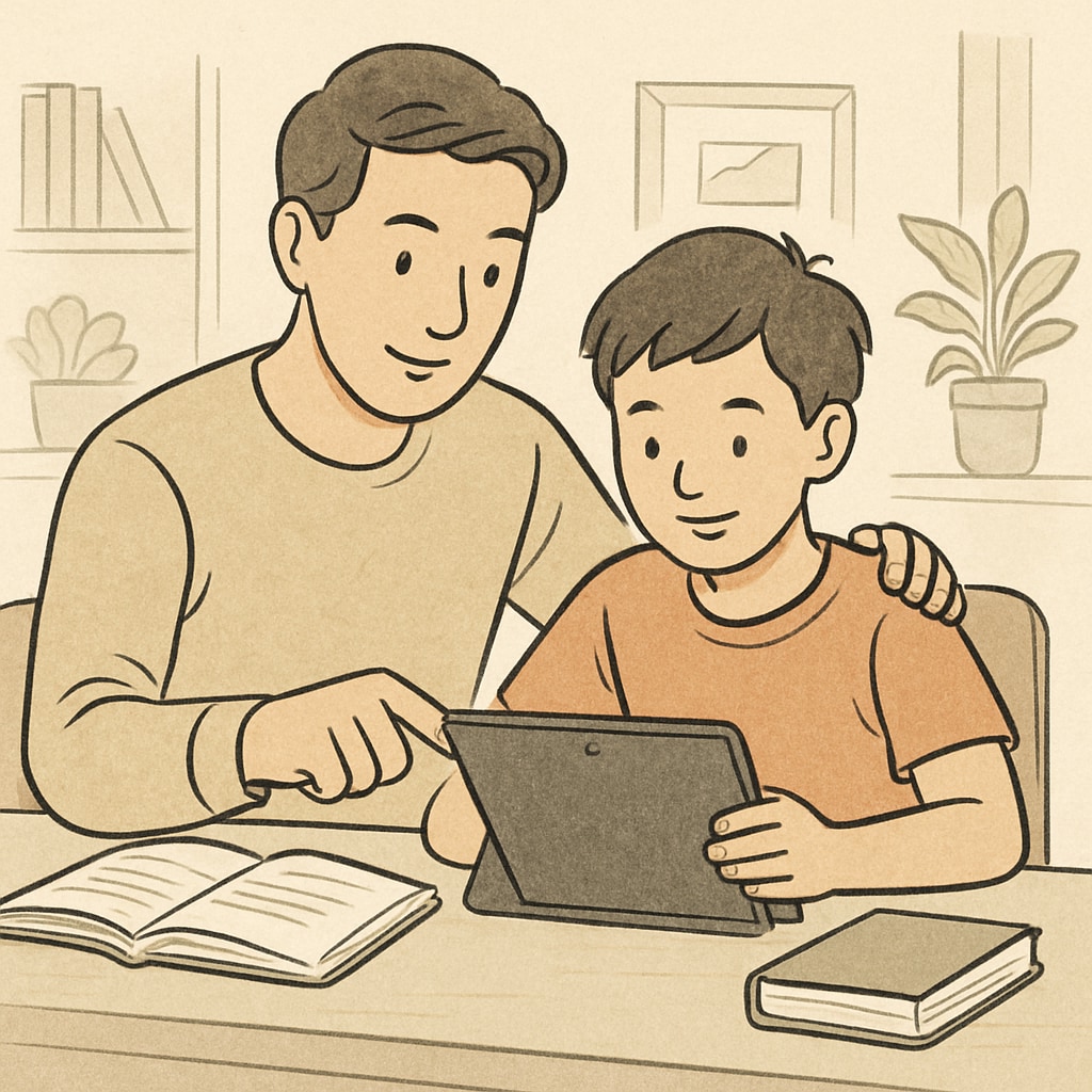 A parent and child working together on a tablet, illustrating the role of family contributions in K12 education research surveys. Parent and child using a tablet, emphasizing family involvement in education surveys.