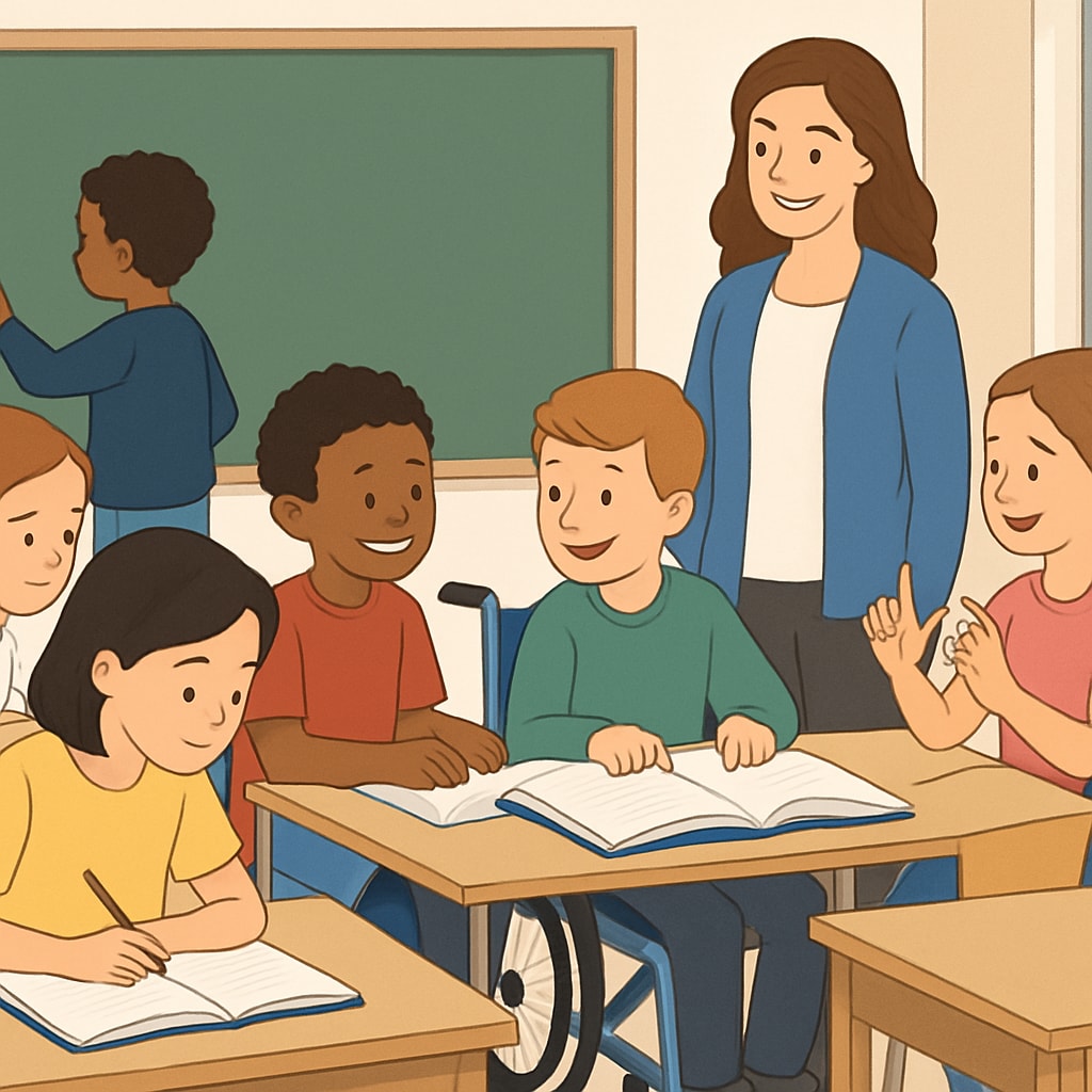 A classroom with students of varying abilities, highlighting inclusivity and collaboration. Inclusive classroom with diverse students working together.