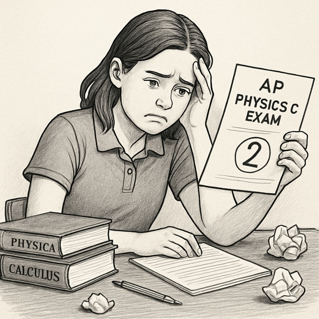 A frustrated high school student reviewing her AP Physics C exam results, symbolizing the challenges of grade appeals. A student reviewing AP Physics C exam results, representing challenges in grade appeals and teacher misconduct.