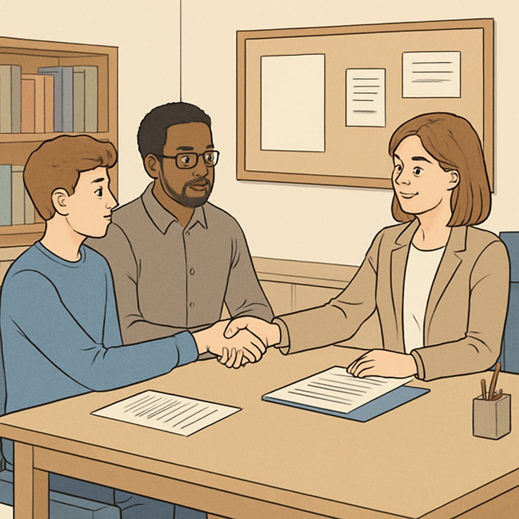 A meeting between a student, their parent, and a school administrator discussing an AP Physics grade dispute. A student, parent, and administrator discussing an AP Physics grade appeal case.