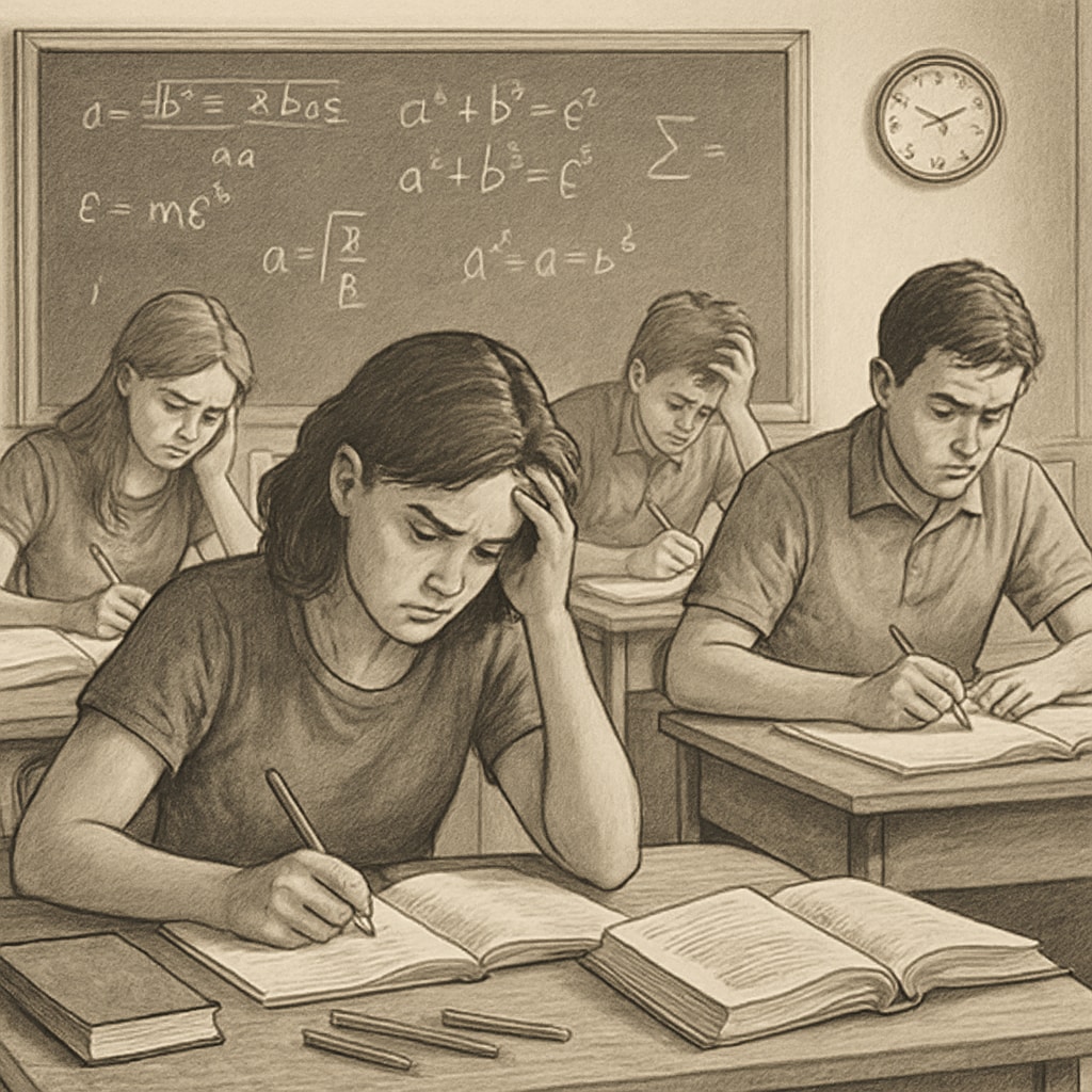 A classroom with students preparing for a math exam, emphasizing the stress and focus of resit preparation. Students preparing for a GCSE math exam in a classroom setting.