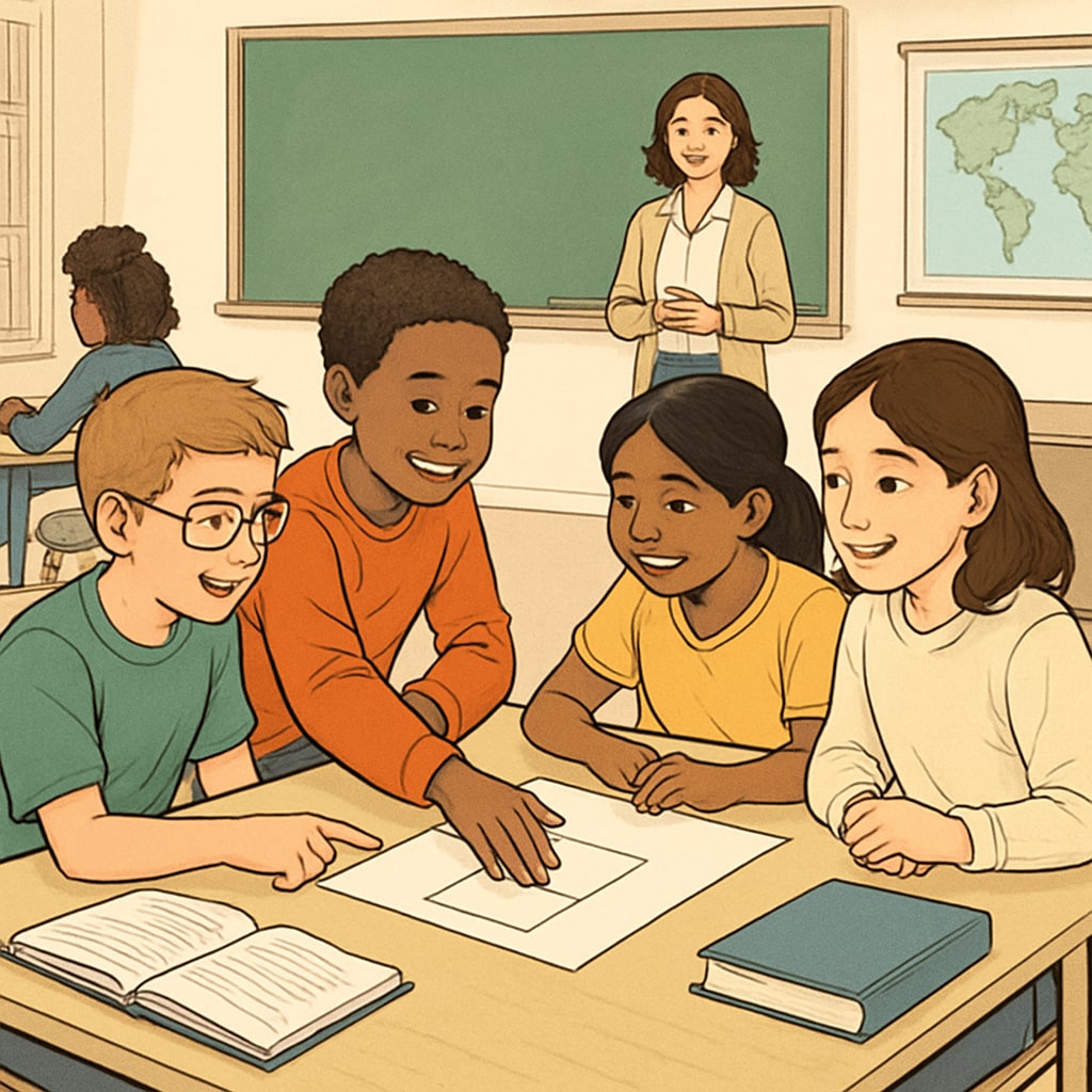 Diverse students working together in a classroom to build character and teamwork.
