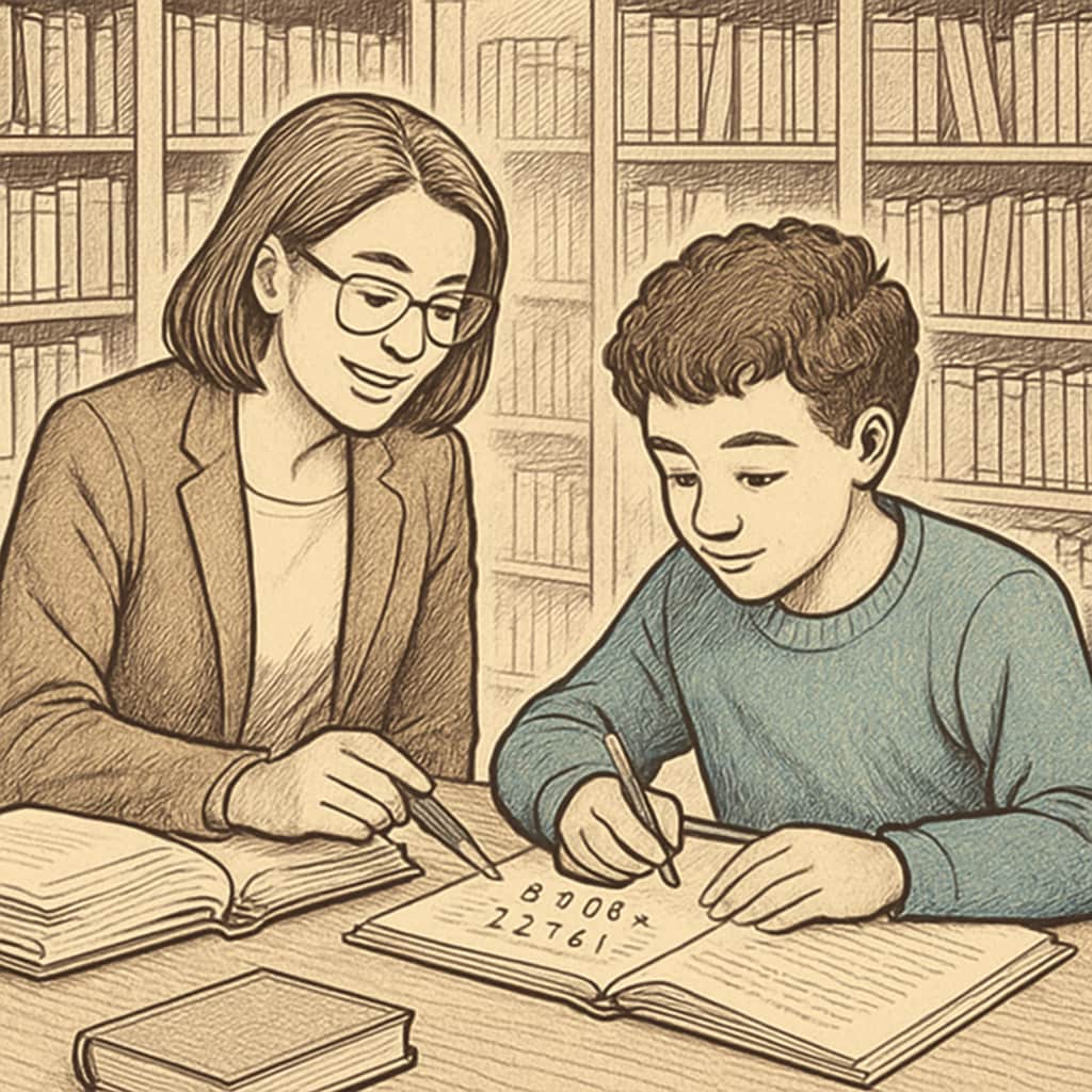 A tutor assisting a student with math problems in a library setting, conveying the importance of personalized support. Tutor helping a student with GCSE math resit preparation.