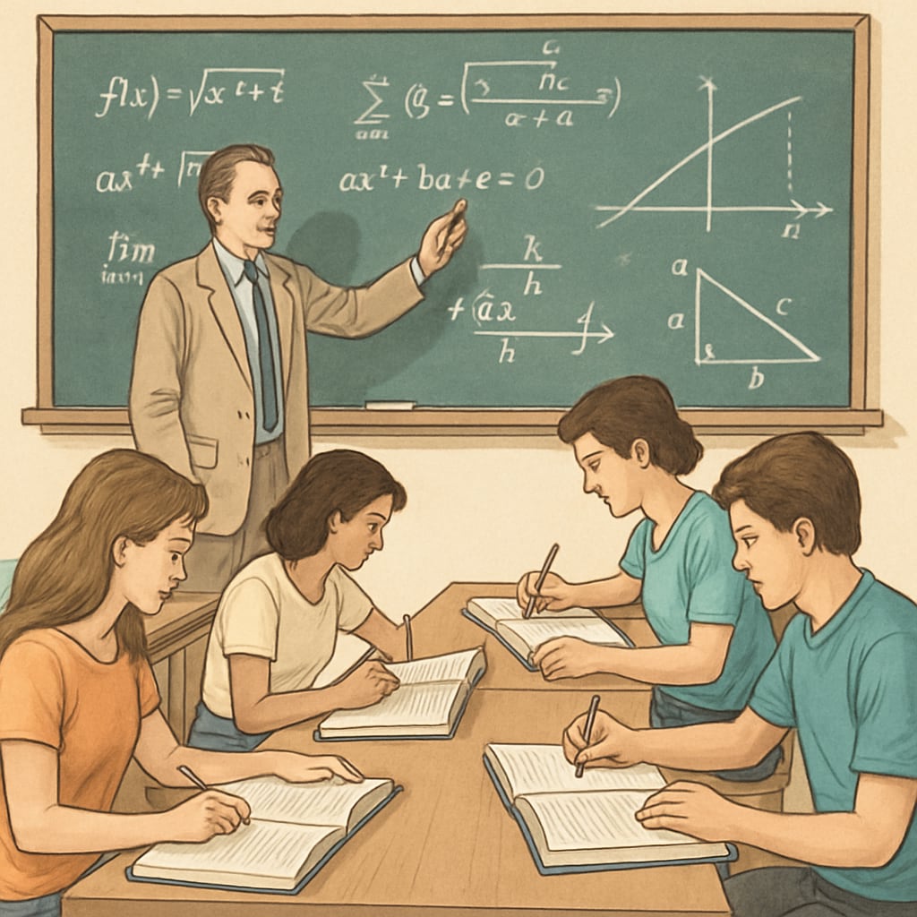 Students and professor discussing mathematical concepts in a biostatistics preparation course.