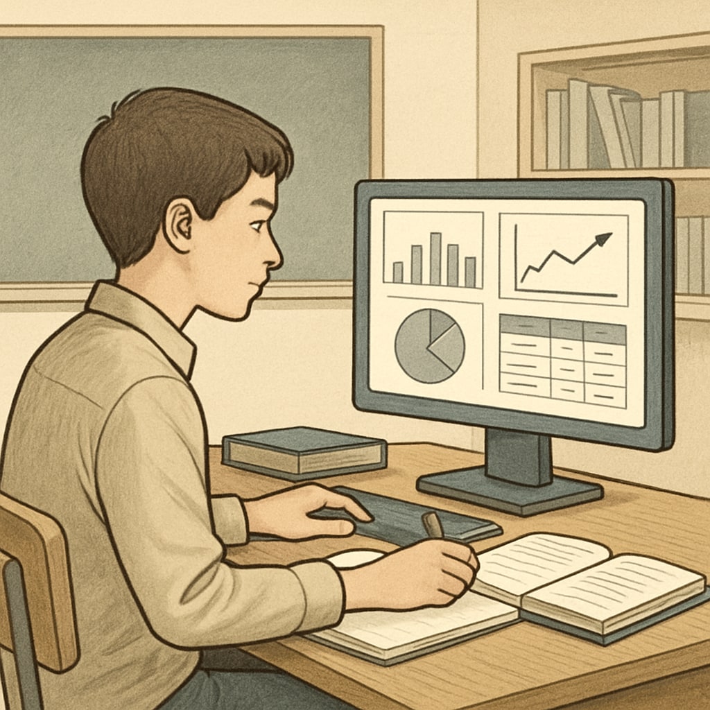 A student developing critical thinking skills by analyzing data on a computer.
