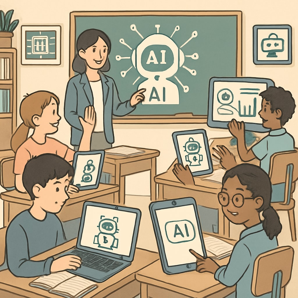 A futuristic classroom setting showcasing students engaging with AI-powered tools, symbolizing the integration of artificial intelligence in education. AI-powered classroom tools being used by students and teachers