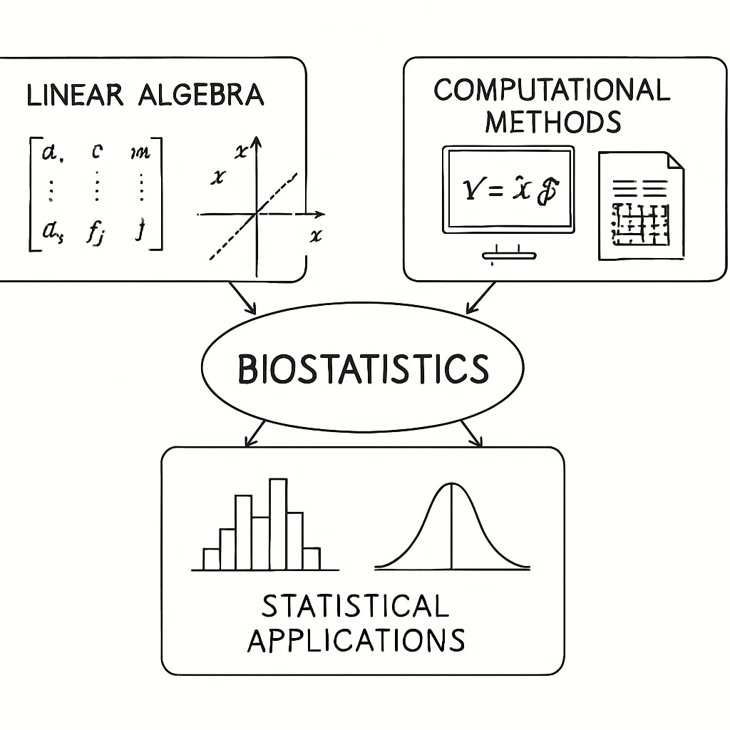 Diagram illustrating the interplay of linear algebra and computational techniques in biostatistics.
