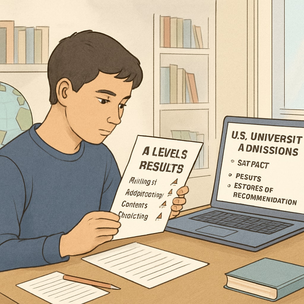 A student reviewing their A Levels results while researching U.S. university admissions requirements. A student reviewing A Levels results for U.S. university applications.