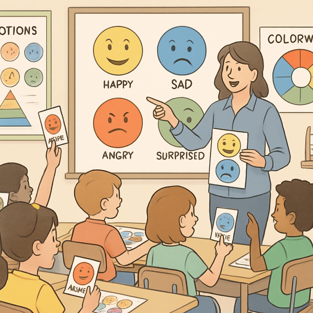Children participating in emotional education activities in a classroom environment.