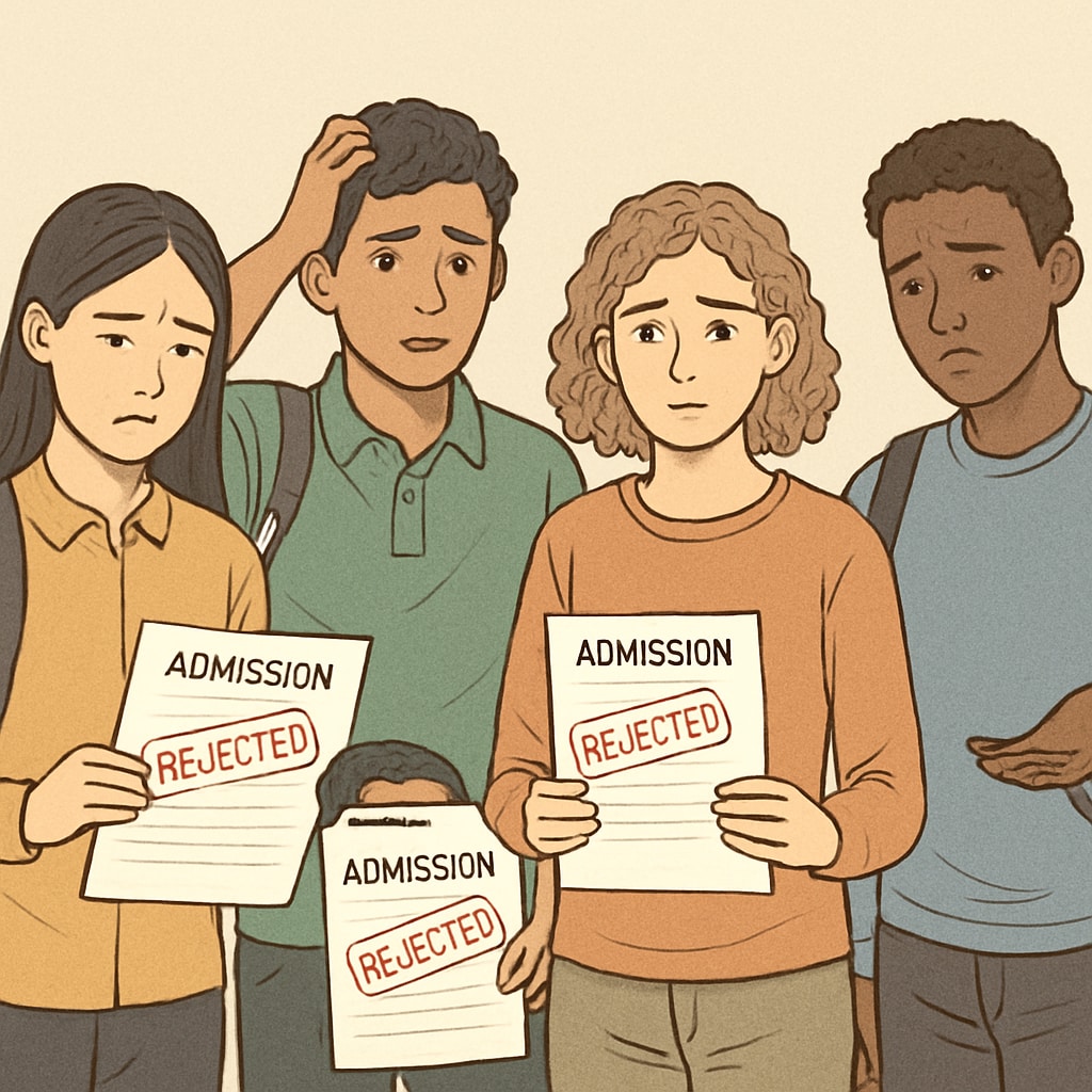International students with admission rejection letters due to global education system disparities.