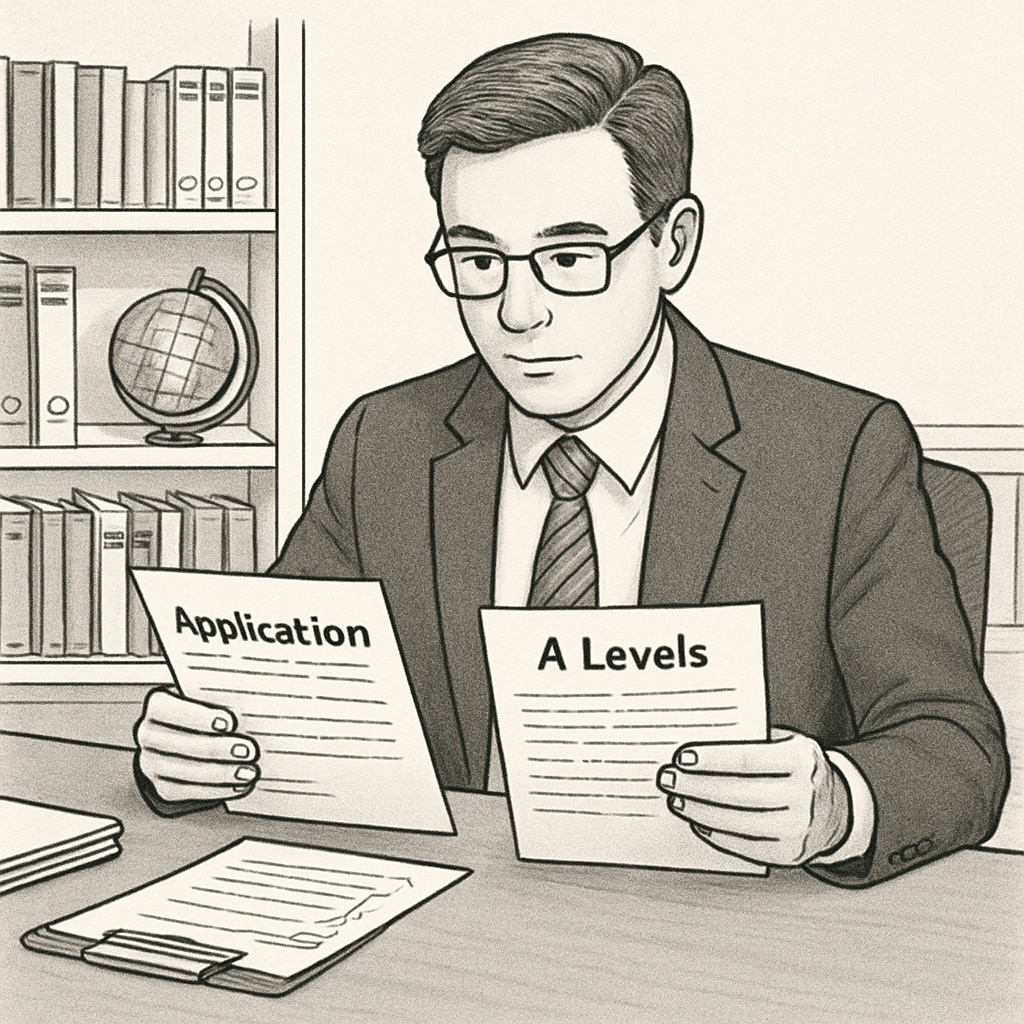 An admissions officer reviewing an international application, including A Levels qualifications. Admissions officer evaluating an application with A Levels qualifications.