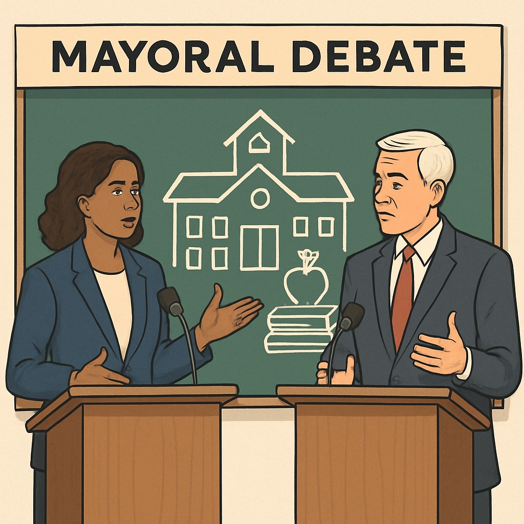 NYC mayoral debate on education policies, highlighting Joel Klein’s warnings.
