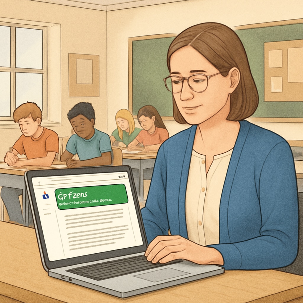 A teacher using a Chrome extension to monitor student writing in Google Docs. This image illustrates the practical application of GPTZero in a classroom setting. Teacher monitoring student writing with GPTZero Chrome extension in Google Docs.