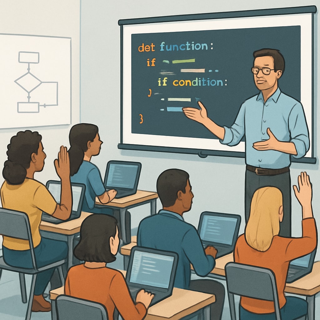 A classroom with adult learners engaging in a programming workshop. Adult learners attending a programming workshop, demonstrating education and skill-building at any age.
