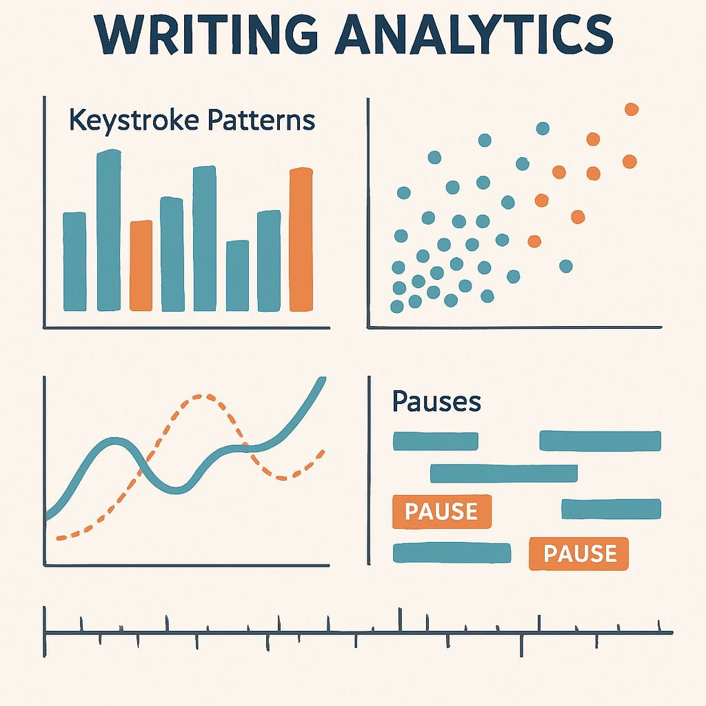 A graphical representation of writing analytics, showing keystroke patterns and pauses. This image visualizes the data provided by GPTZero. Writing analytics graph showing keystroke patterns and pauses in GPTZero.