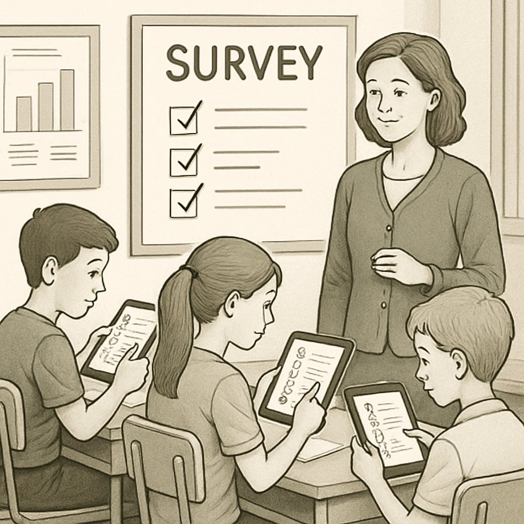 Students conducting a survey using tablets in a classroom, illustrating the application of surveys in education. Students using tablets for surveys in a K12 classroom.