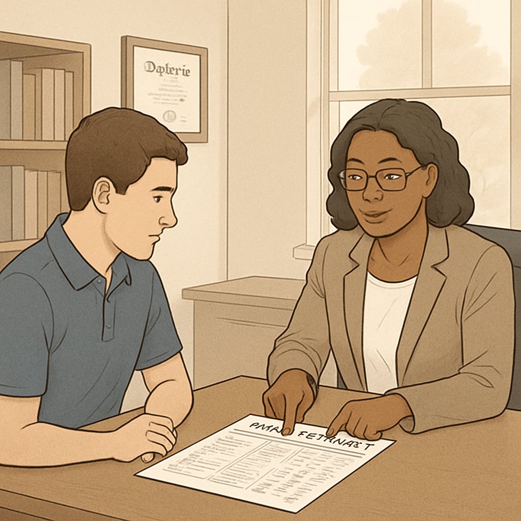 A student reviewing their college transcript with a counselor, discussing which credits are transferable to another program. A student reviewing college transcripts to explore credit transfer options for completing their degree.