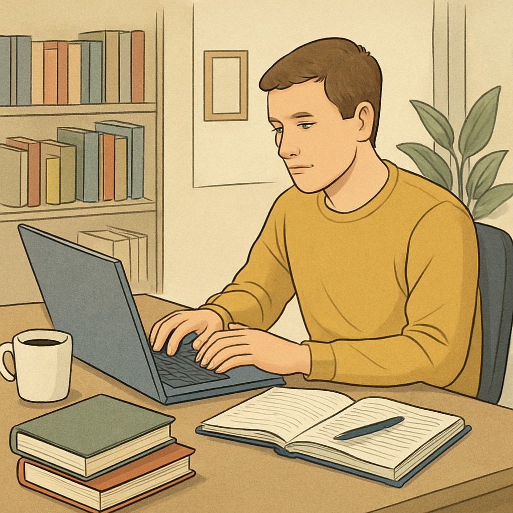 An adult student working on a laptop at a home office, showcasing online learning opportunities. Adult student learning online, highlighting the flexibility of education for adults.