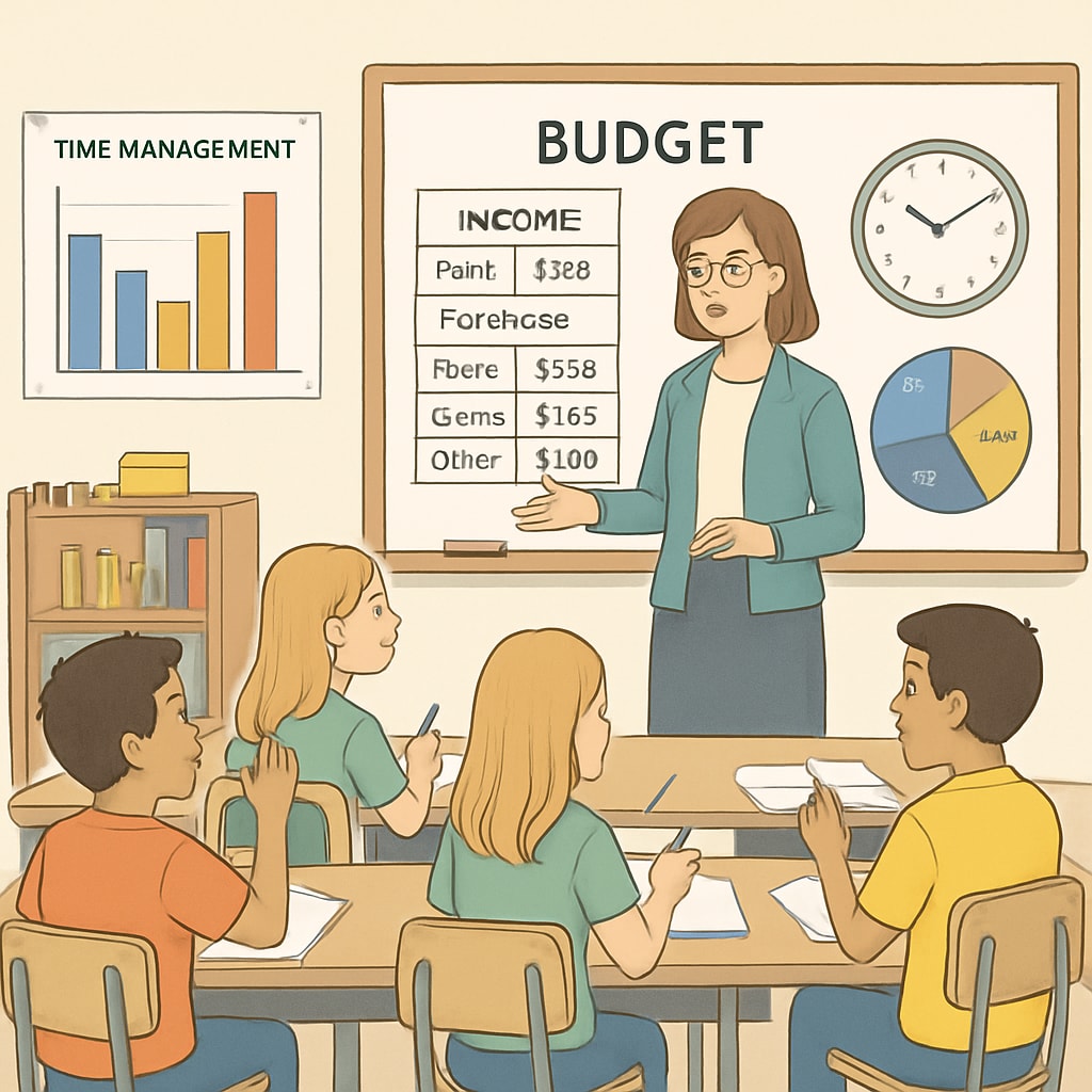 A classroom setting where students are learning budgeting and time management skills, symbolizing the importance of practical education. Financial education and time management class for students.