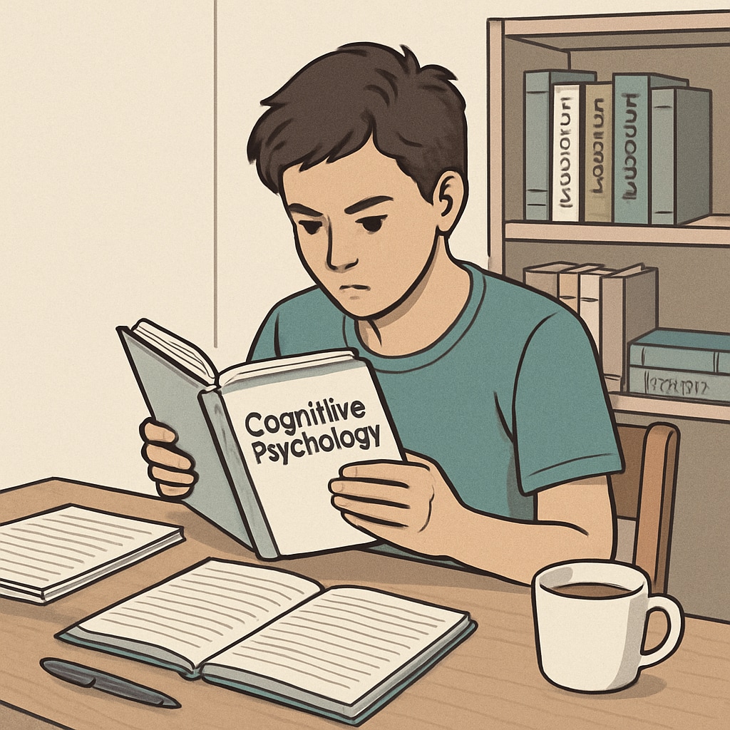 A young person reading a book on cognitive psychology at a study desk, signifying the importance of understanding learning methods. Teen reading a book on memory and learning techniques.