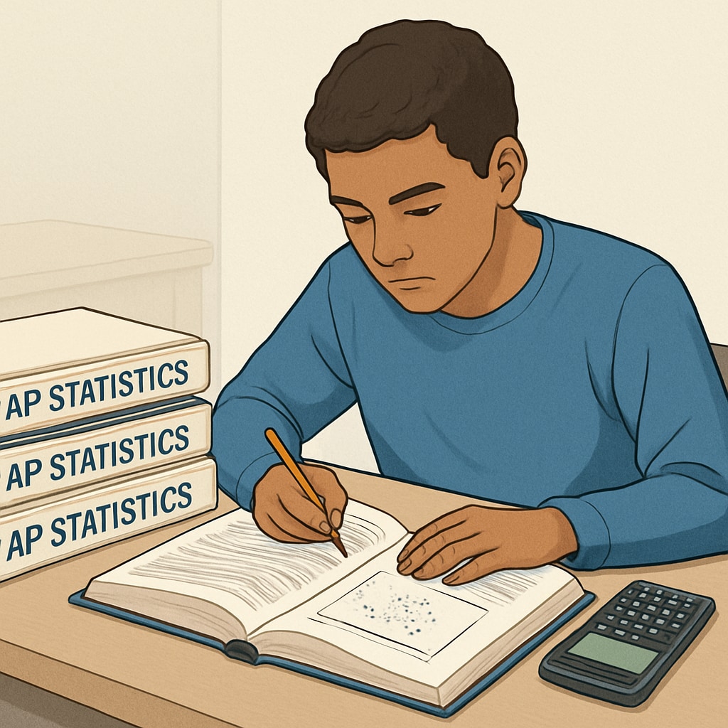 A student studying AP Statistics with textbooks and a graphing calculator, symbolizing preparation and focus. High school student working on AP Statistics homework with study materials.