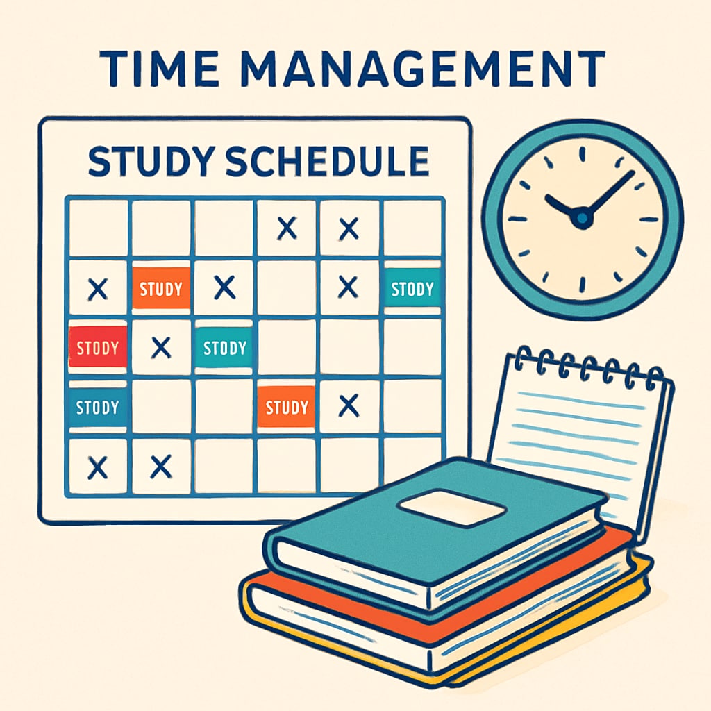 A calendar with study schedules, notebooks, and a clock, symbolizing effective time management for teens. Study schedule and time management tools for teens.