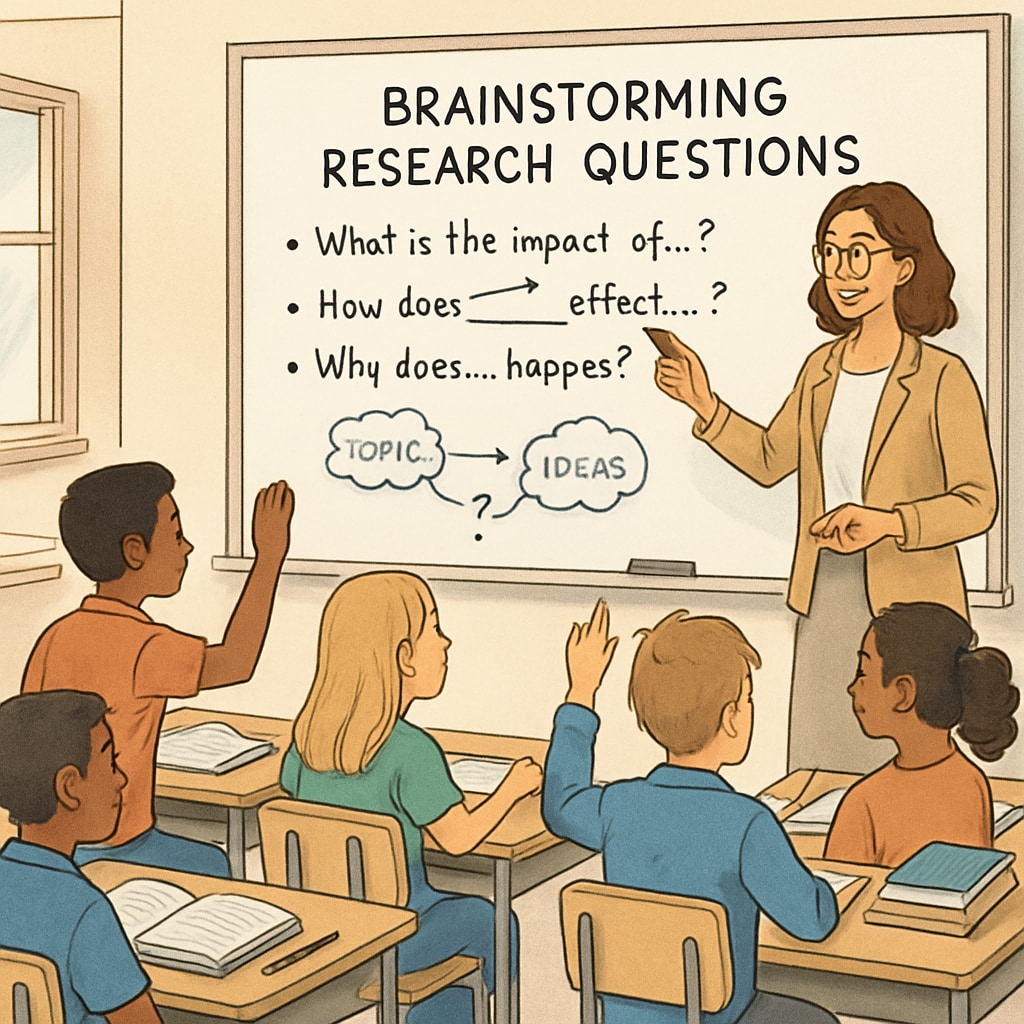 Teacher guiding students to formulate research questions in class.