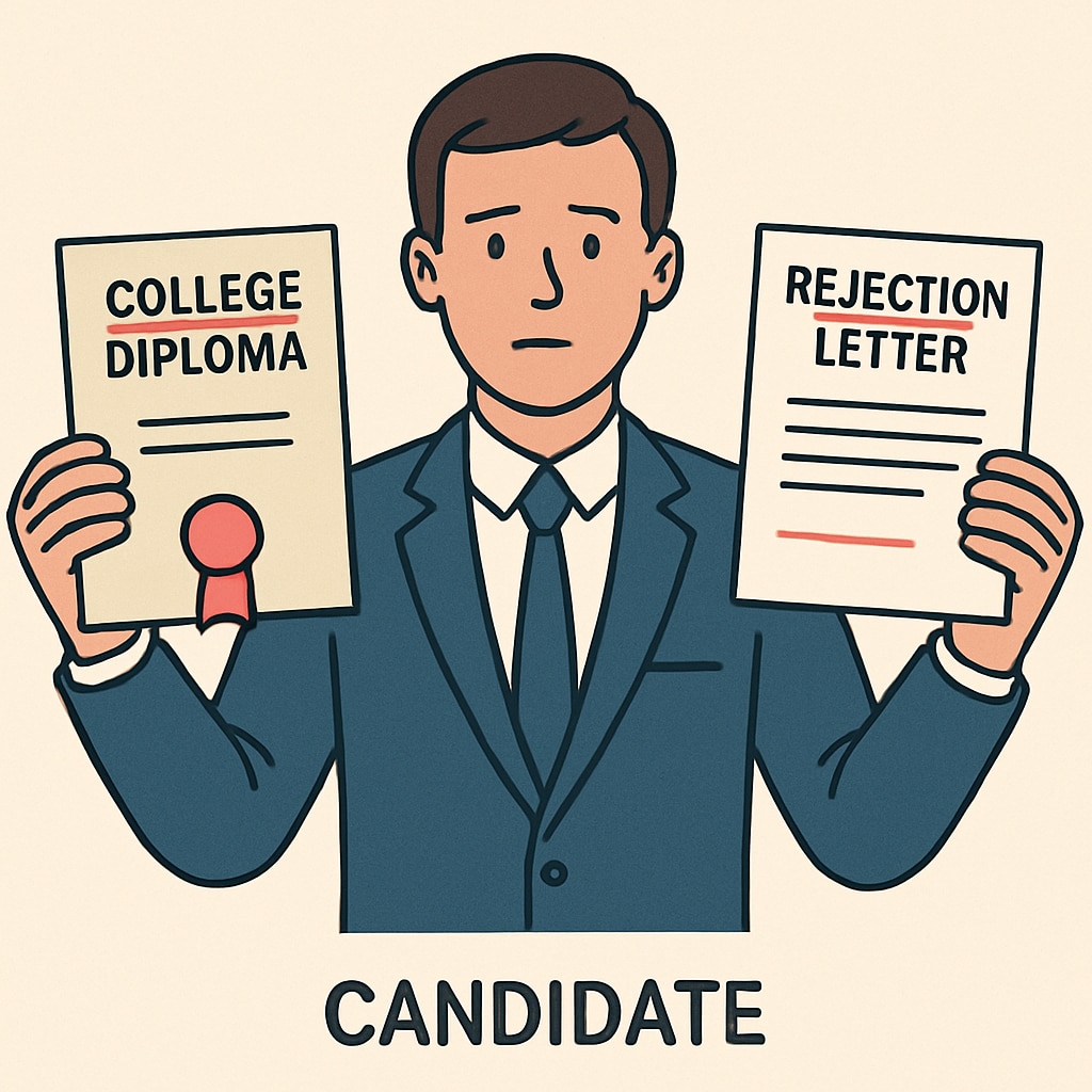 A candidate holding both a college diploma and a rejection letter, illustrating the dilemma. Arizona employment policies rejecting college-educated candidates.