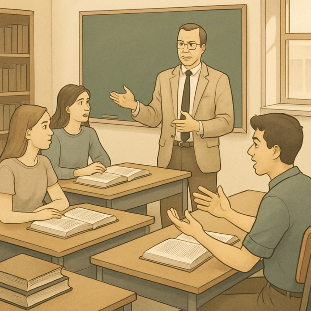 An illustration of a traditional classroom setting with students studying classical texts and engaging in Socratic dialogue. Students in a classical education classroom discussing texts, illustrating historical values.