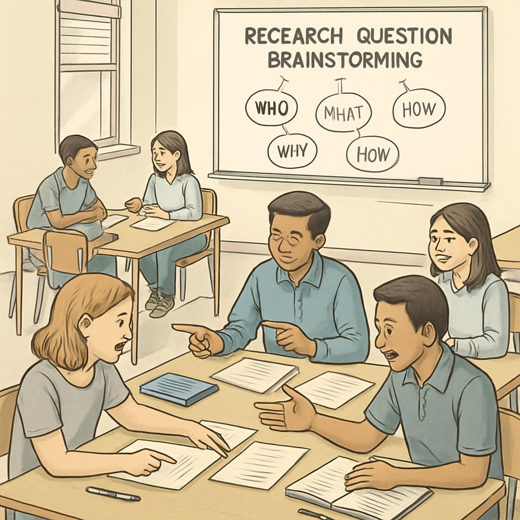 Group of students working together to create research questions.