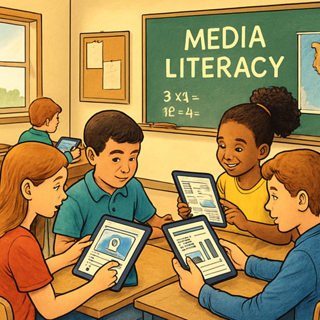 A classroom setting where students are using tablets and analyzing media content together, symbolizing media literacy education. Students analyzing digital media in a classroom setting, representing media literacy education.