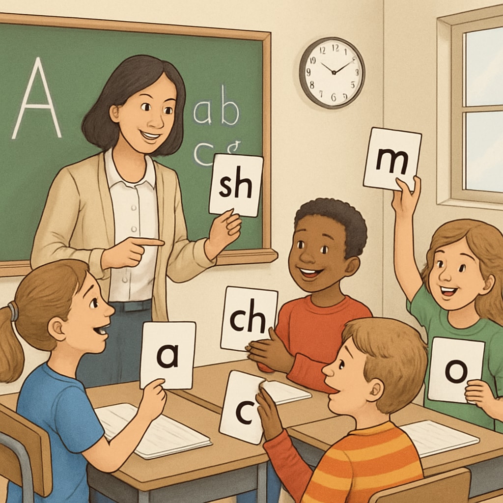 A classroom setting with students engaging in phonics exercises, showing flashcards with letters and sounds. Students practicing phonics with flashcards, focusing on letter-sound recognition.