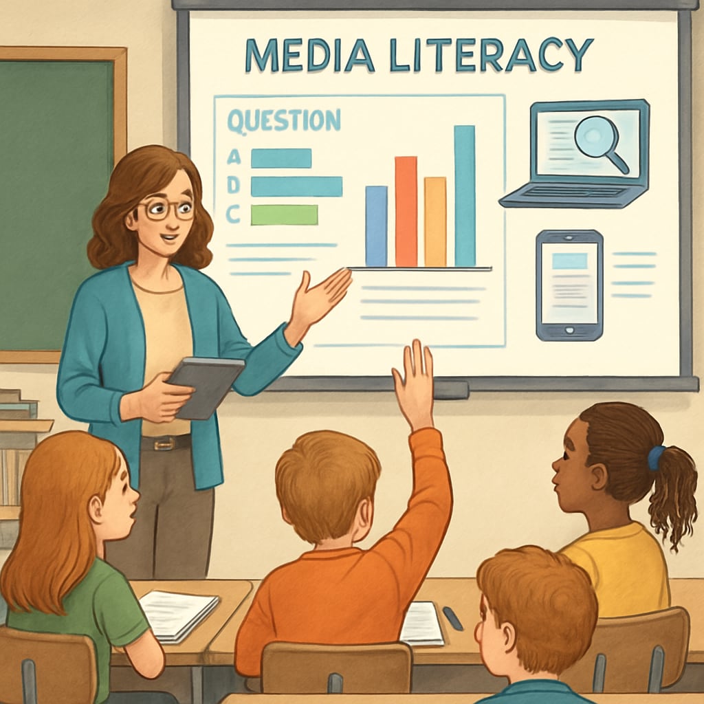 A teacher leading a workshop on media literacy, engaging students with interactive tools like surveys and digital resources. Teacher conducting a media literacy workshop with students using surveys and digital tools.