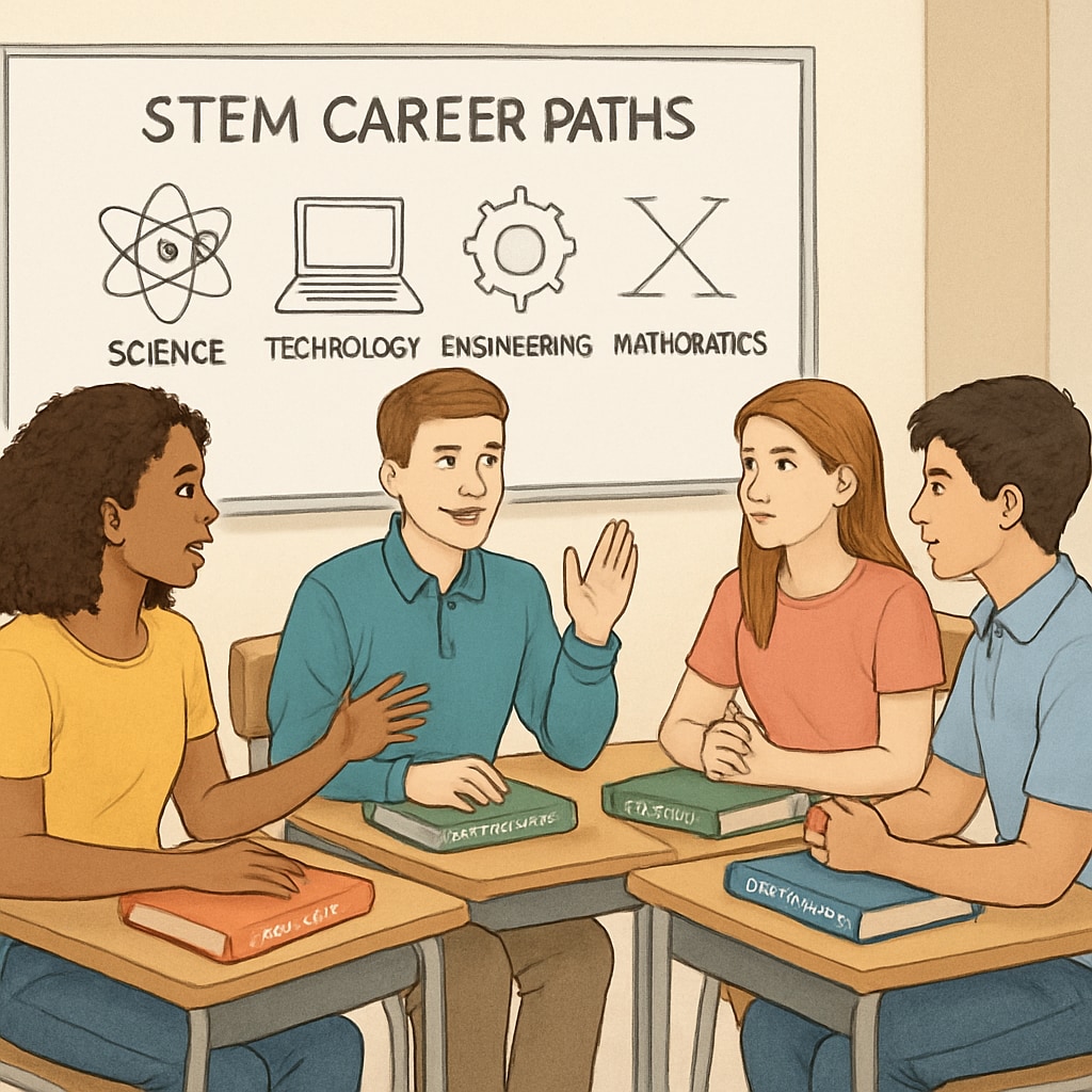 A group of high school students discussing STEM career paths in a classroom setting. High school students exploring STEM career options like bioengineering, computer science, and medicine.