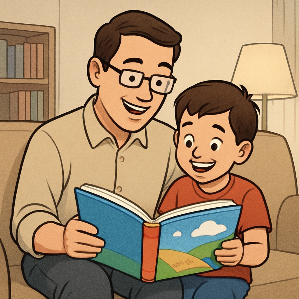 A parent and child reading a storybook together, emphasizing the whole language approach through shared reading. Parent and child reading a storybook, illustrating the whole language method.