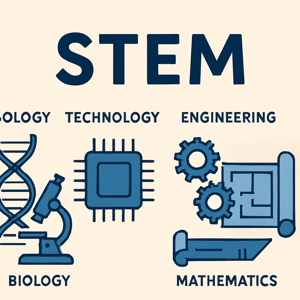 A visual representation of STEM fields, including icons for biology, technology, engineering, and mathematics. STEM field icons representing biology, computer science, and engineering.