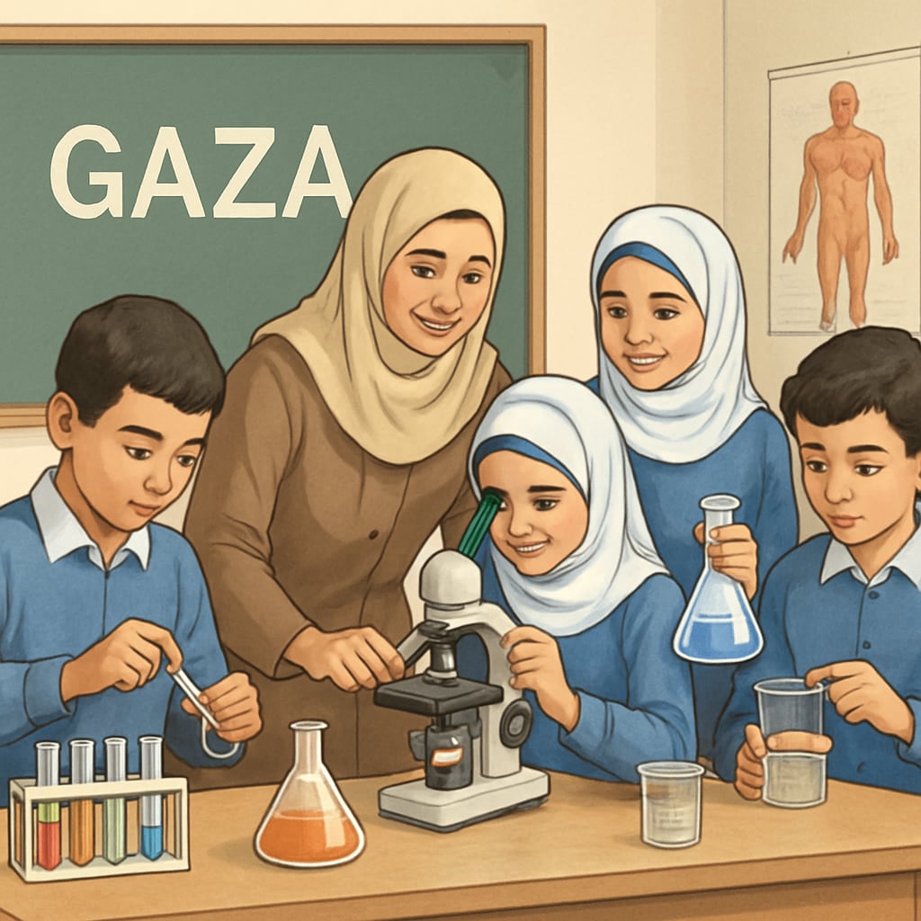 Gaza students conducting science experiments in a classroom, representing educational rebuilding.