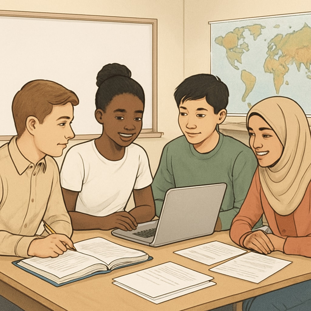 A classroom showing students from diverse international backgrounds working together on a project. Diverse international students collaborating in a classroom, representing education year differences.