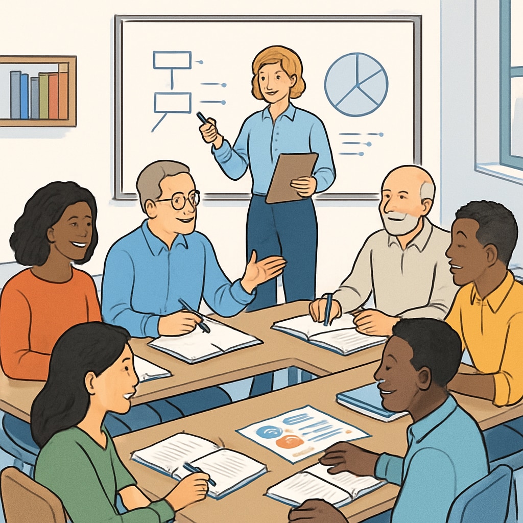 A diverse group of adults participating in a learning workshop to address foundational knowledge gaps. Adults in a learning workshop focused on overcoming educational deficiencies.