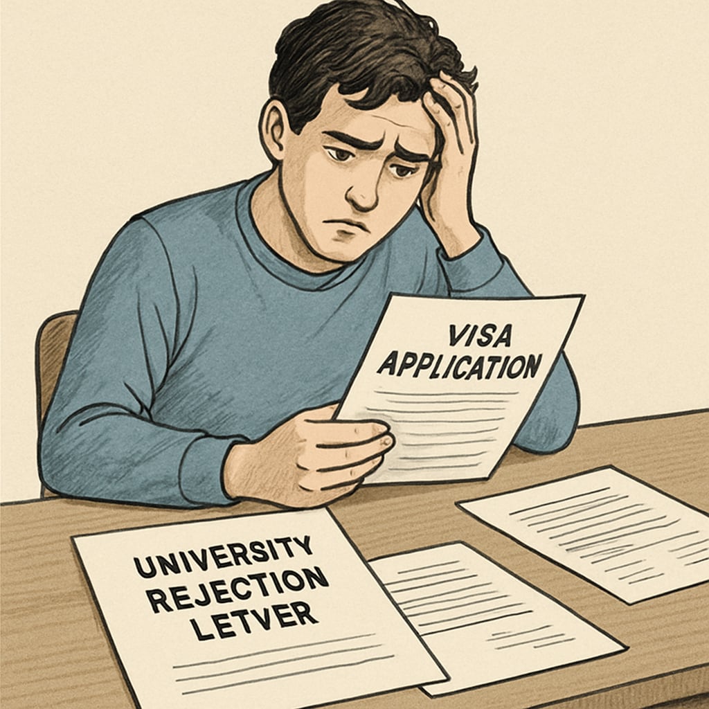 A frustrated student reviewing their visa application documents with a university rejection letter on the desk. Student frustrated with visa and admissions challenges caused by education year differences.