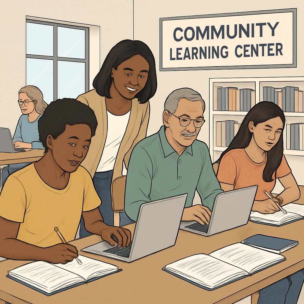 Individuals using laptops and workbooks in a community learning center to overcome foundational education gaps. Adults in a community learning center working to address foundational education gaps.