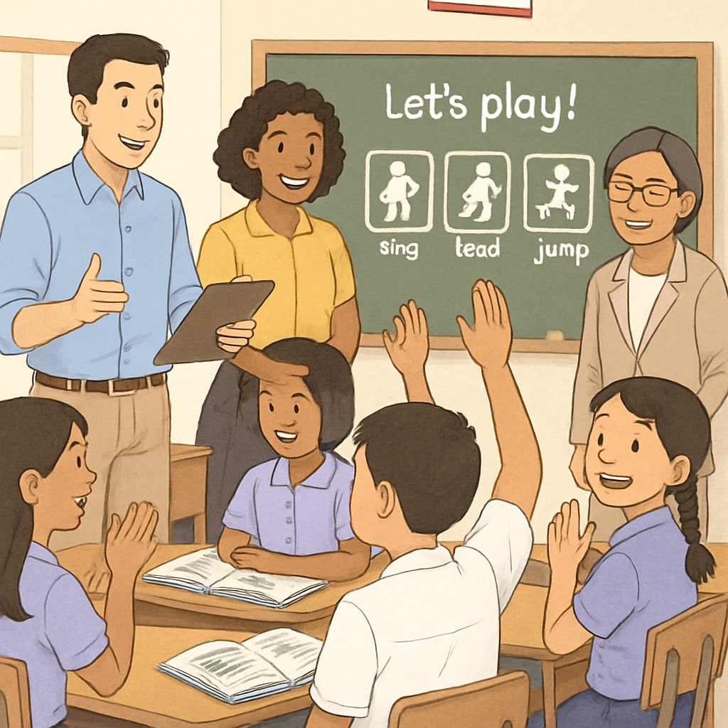 A group of educators teaching English in a classroom setting in Thailand, with students engaging in an interactive activity. Educators teaching English in Thailand during a summer camp.