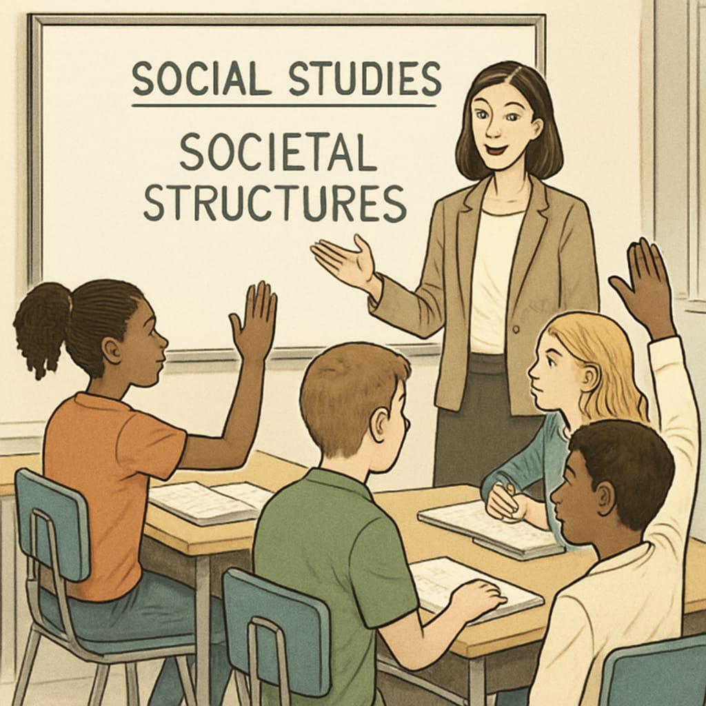 The classroom environment where students are engaged in a social studies discussion about societal structures. Classroom discussion on social class mobility and societal structures.