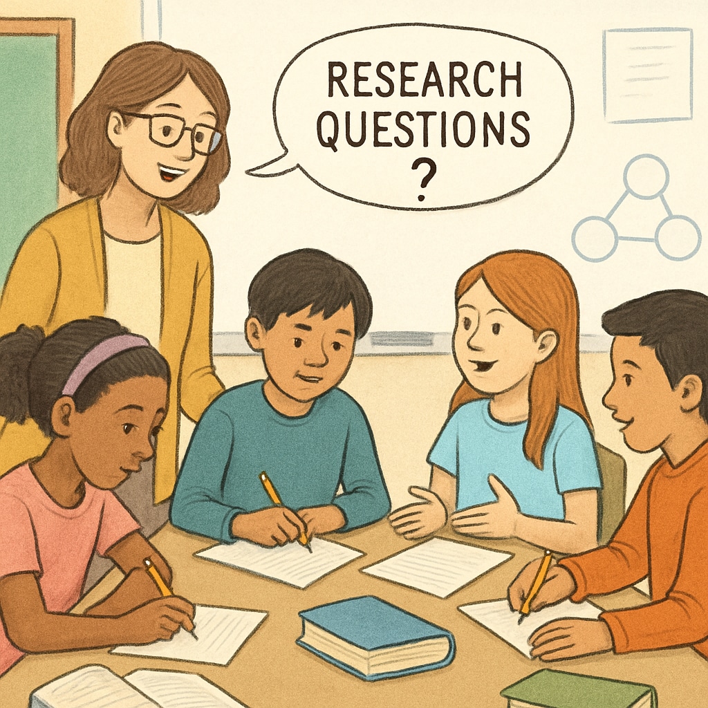 A classroom setting where a teacher assists students with brainstorming research questions for a project. The image highlights collaboration and inquiry-based learning. Students brainstorming research questions with their teacher in a classroom.