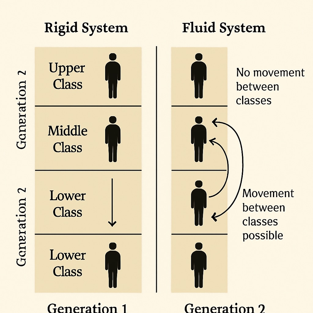 A diagram illustrating social class mobility across generations, emphasizing both rigid and fluid systems. Diagram showing generational social class mobility and systemic factors.