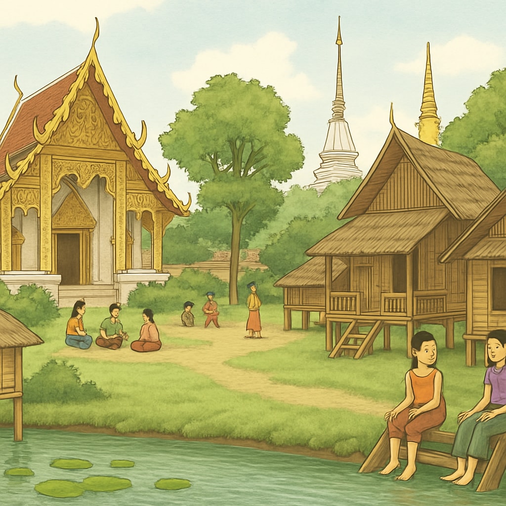 A scenic view of a traditional Thai village, showcasing cultural elements such as temples and community spaces. Cultural landmarks and village scenery in Thailand during a summer teaching program.